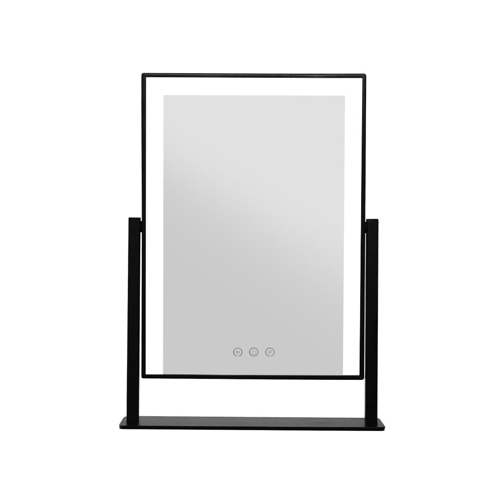 Embellir LED Makeup Mirror with adjustable lighting, showcasing a sleek black design and touch control features, perfect for vanity use.