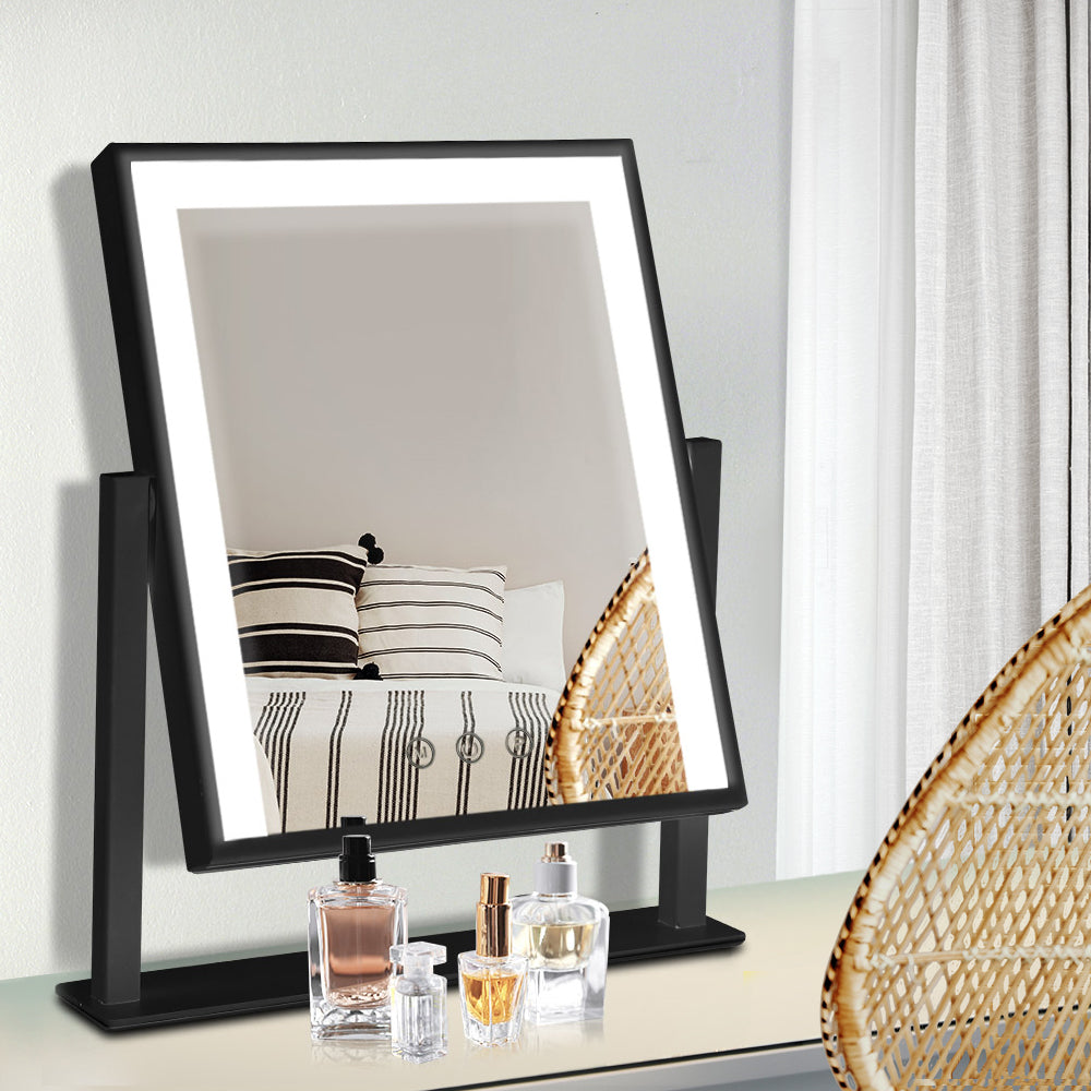 Embellir LED Makeup Mirror with adjustable lighting, showcasing a sleek black design and touch control features, perfect for vanity use.