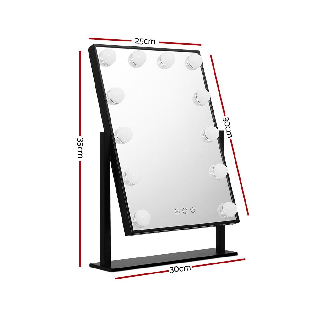 Embellir LED Standing Makeup Mirror in Black with adjustable lighting and a sleek design, showcasing its frameless look and touch control features.