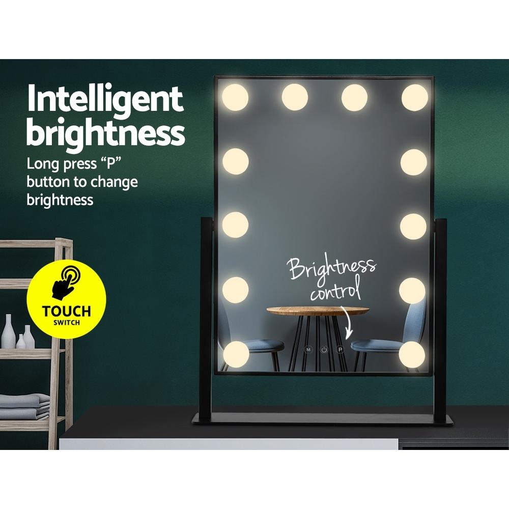 Embellir LED Standing Makeup Mirror in Black with adjustable lighting and a sleek design, showcasing its frameless look and touch control features.