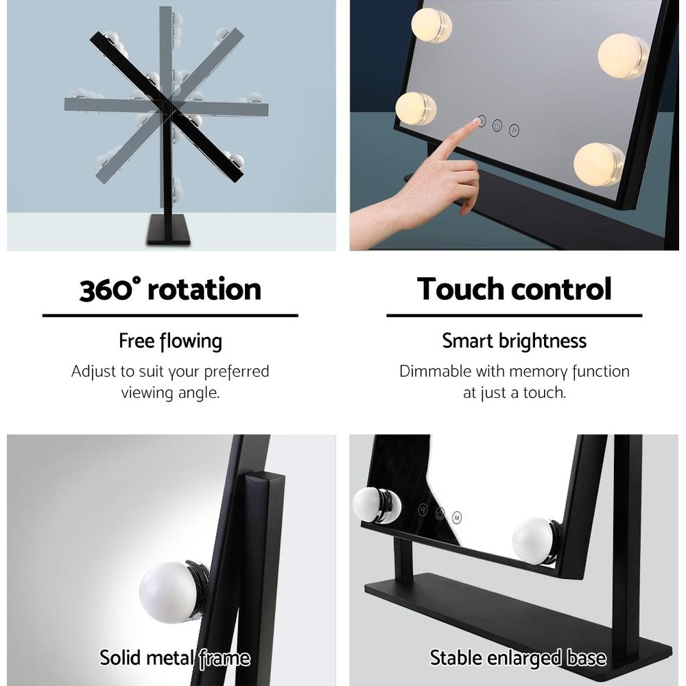 Embellir LED Standing Makeup Mirror in Black with adjustable lighting and a sleek design, showcasing its frameless look and touch control features.