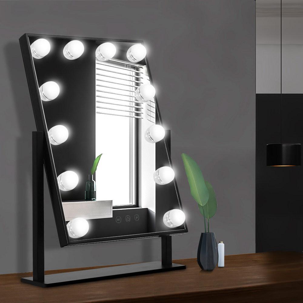 Embellir LED Standing Makeup Mirror in Black with adjustable lighting and a sleek design, showcasing its frameless look and touch control features.