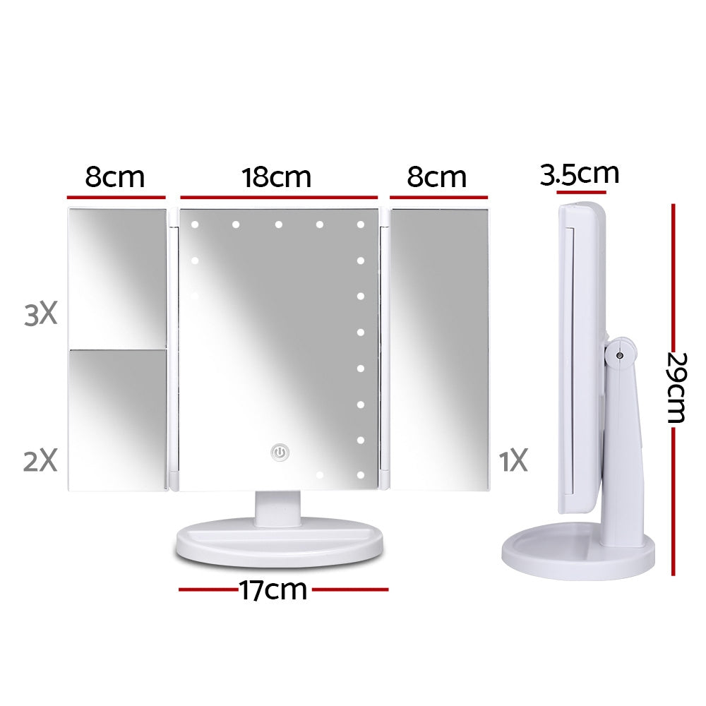 Embellir LED Tri-Fold Makeup Mirror with 22 LED lights and magnification features, showcasing its sleek design and functionality.