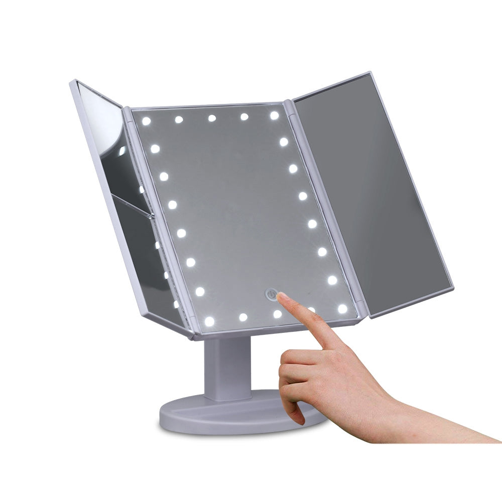 Embellir LED Tri-Fold Makeup Mirror with 22 LED lights and magnification features, showcasing its sleek design and functionality.