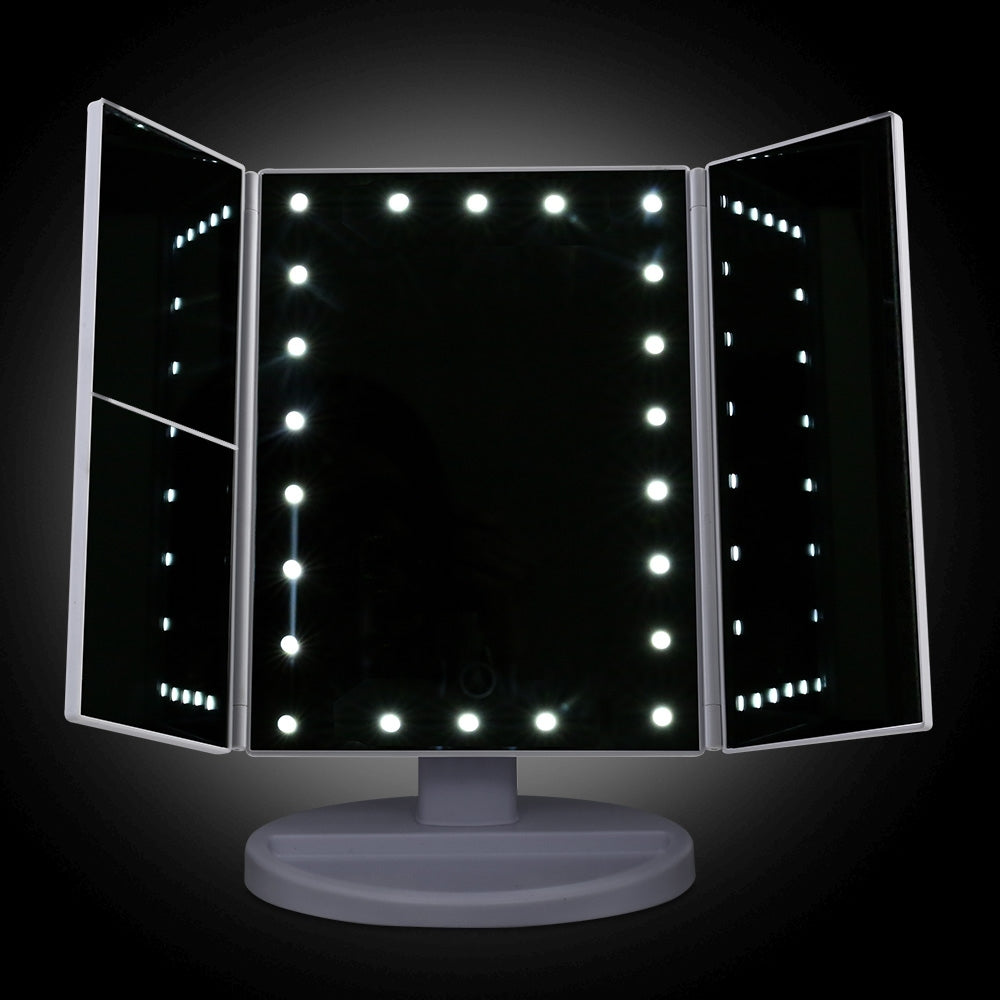 Embellir LED Tri-Fold Makeup Mirror with 22 LED lights and magnification features, showcasing its sleek design and functionality.