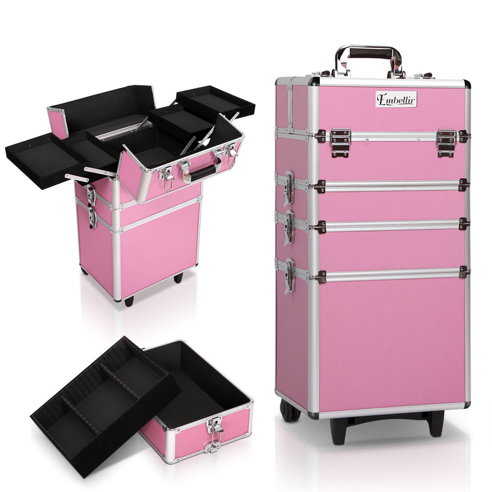 Embellir Makeup Case in pink with multiple compartments and elegant black velvet lining, showcasing its portable design and sturdy aluminum frame.