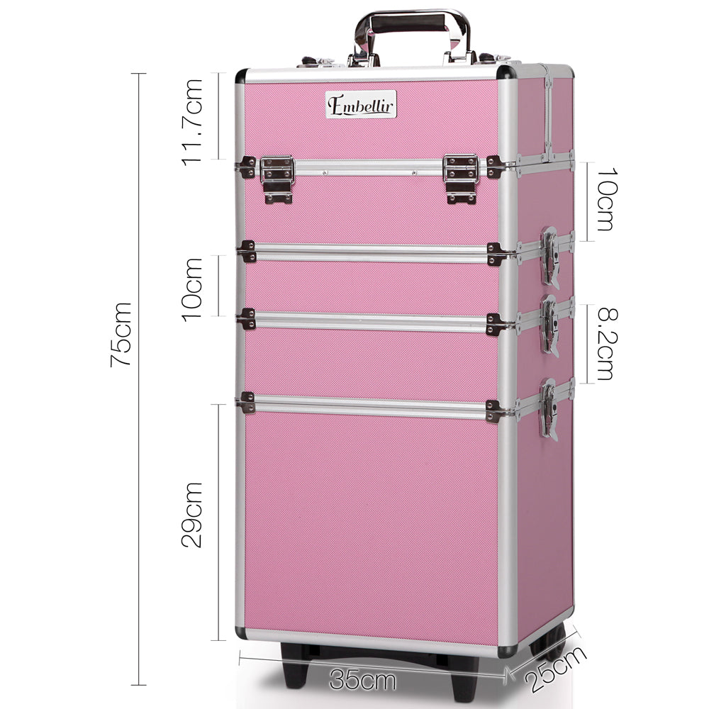 Embellir Makeup Case in pink with multiple compartments and elegant black velvet lining, showcasing its portable design and sturdy aluminum frame.