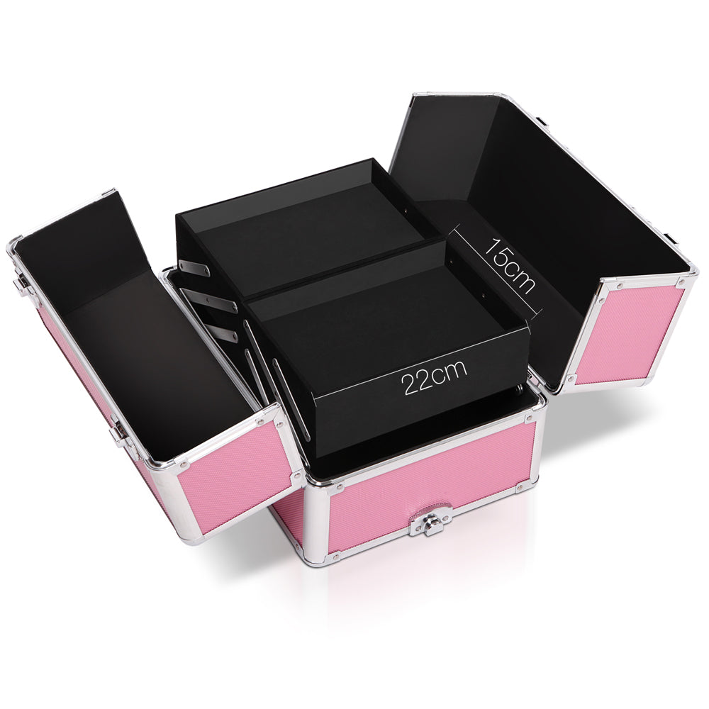 Embellir Makeup Case in pink with multiple compartments and elegant black velvet lining, showcasing its portable design and sturdy aluminum frame.