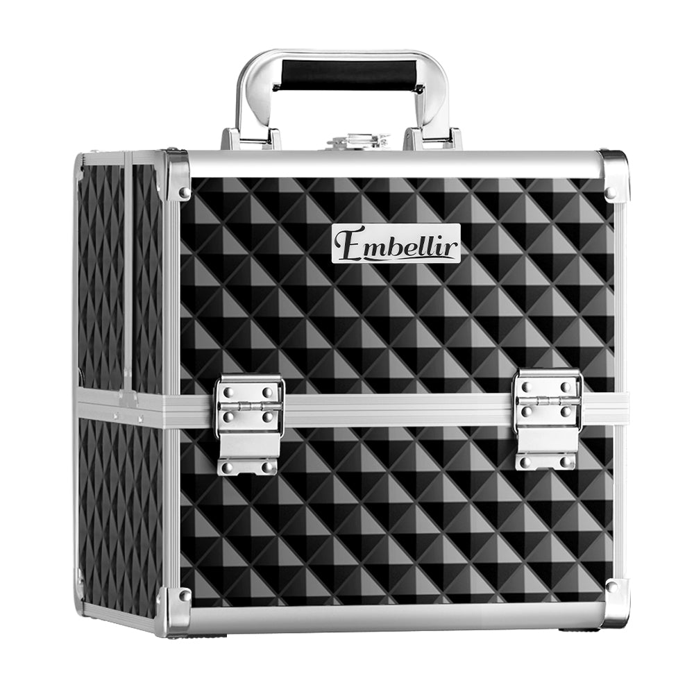 Embellir Makeup Case Beauty Organiser Bag in diamond black with three sliding trays and fold-out mirror, showcasing its stylish and functional design.