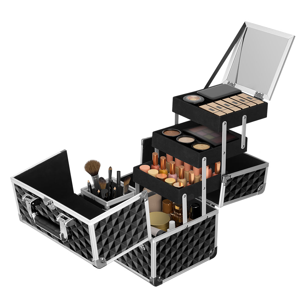 Embellir Makeup Case Beauty Organiser Bag in diamond black with three sliding trays and fold-out mirror, showcasing its stylish and functional design.