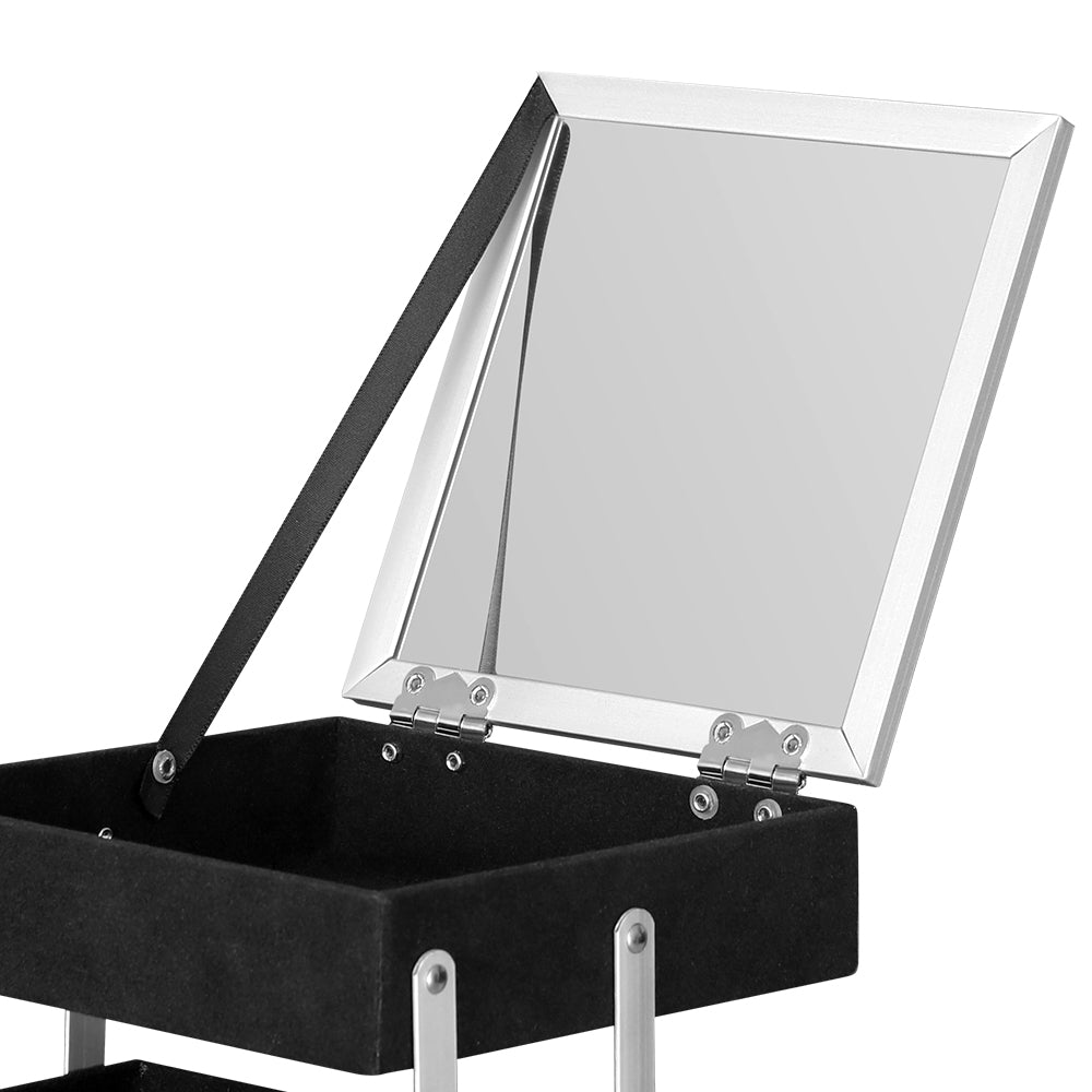 Embellir Makeup Case Beauty Organiser Bag in diamond black with three sliding trays and fold-out mirror, showcasing its stylish and functional design.