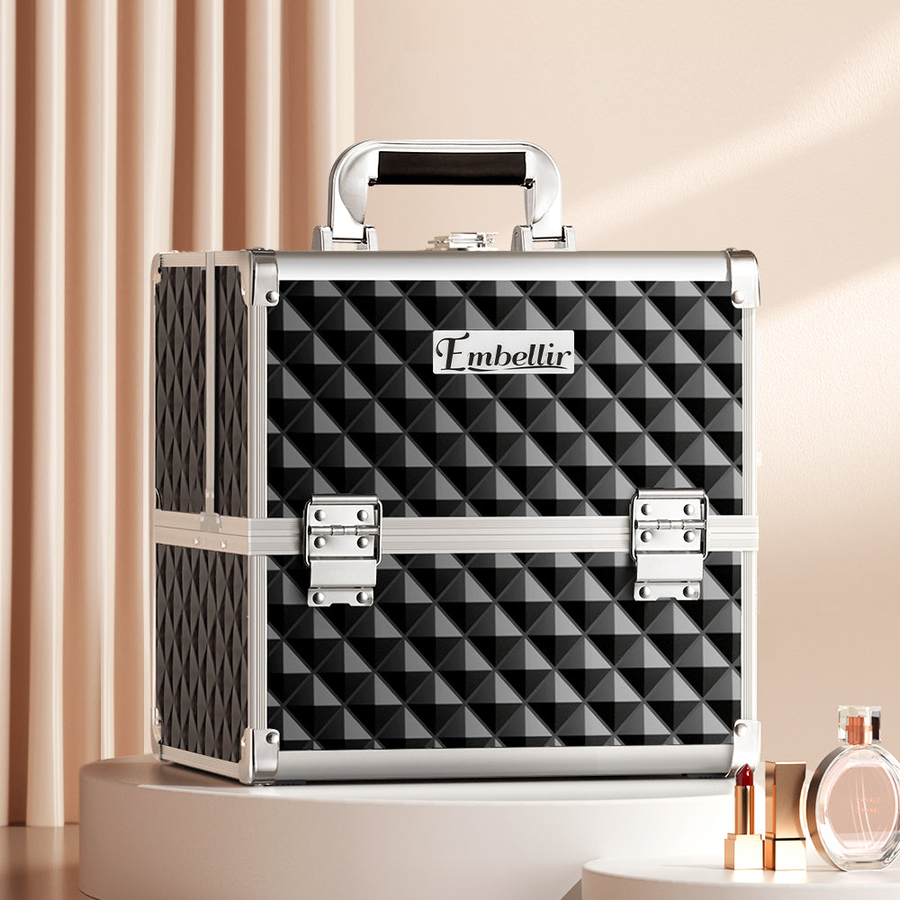 Embellir Makeup Case Beauty Organiser Bag in diamond black with three sliding trays and fold-out mirror, showcasing its stylish and functional design.