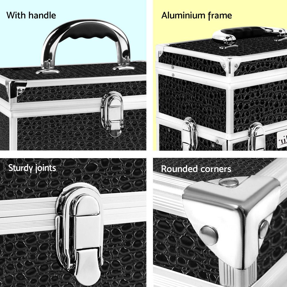 Embellir Portable Cosmetic Beauty Makeup Carry Case in crocodile black with mirror, showcasing its elegant design and spacious compartments.