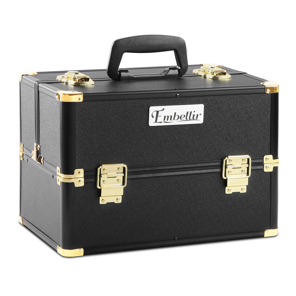 Embellir Portable Cosmetic Beauty Makeup Case in black and gold, featuring a sleek design with sliding trays and a shoulder strap.