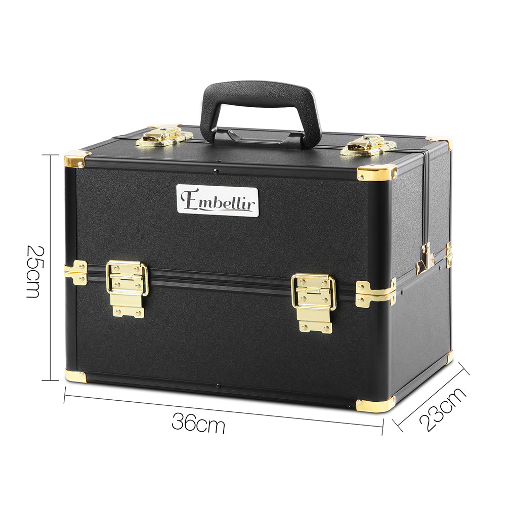 Embellir Portable Cosmetic Beauty Makeup Case in black and gold, featuring a sleek design with sliding trays and a shoulder strap.