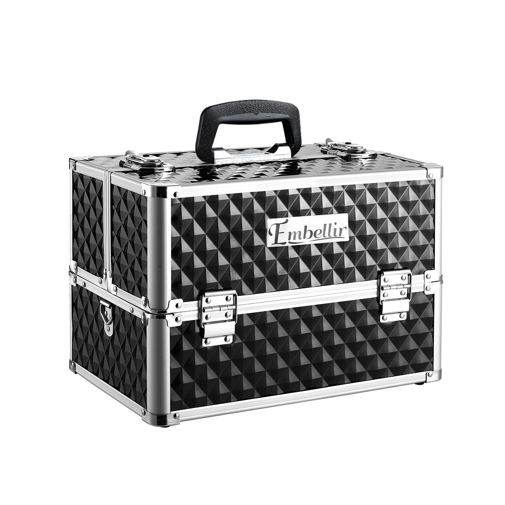 Embellir Portable Cosmetic Beauty Makeup Case in Diamond Black with elegant design and spacious storage.