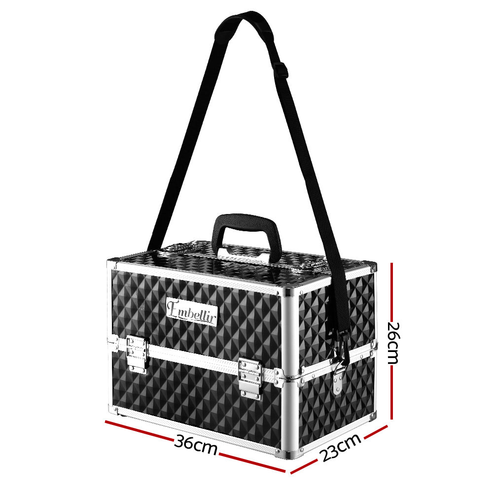 Embellir Portable Cosmetic Beauty Makeup Case in Diamond Black with elegant design and spacious storage.