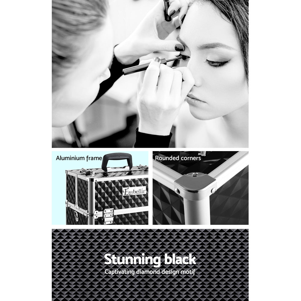 Embellir Portable Cosmetic Beauty Makeup Case in Diamond Black with elegant design and spacious storage.