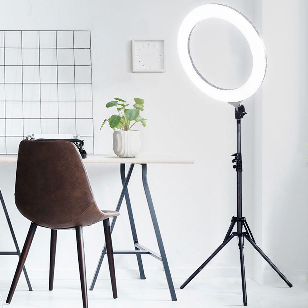 Embellir 19-inch LED ring light with adjustable stand and phone holder, ideal for photography and makeup applications.