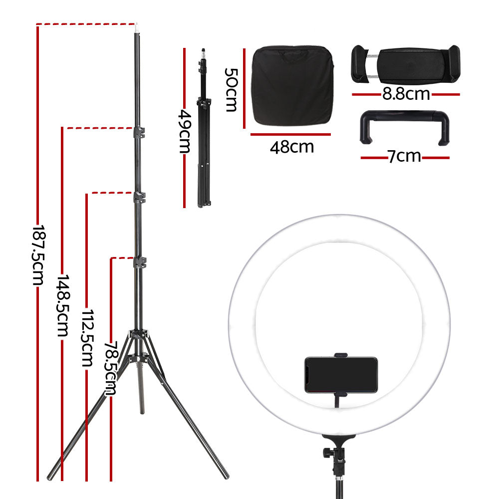 Embellir 19-inch LED ring light with adjustable stand and phone holder, ideal for photography and makeup applications.