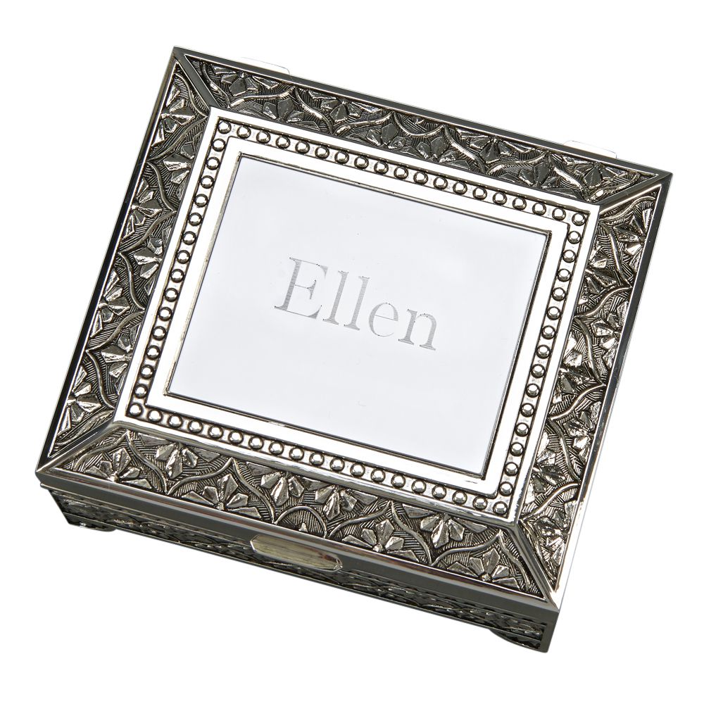 Emblematic Style Box with antique finish and blue flocked lining, featuring a hinged cover for engraving.