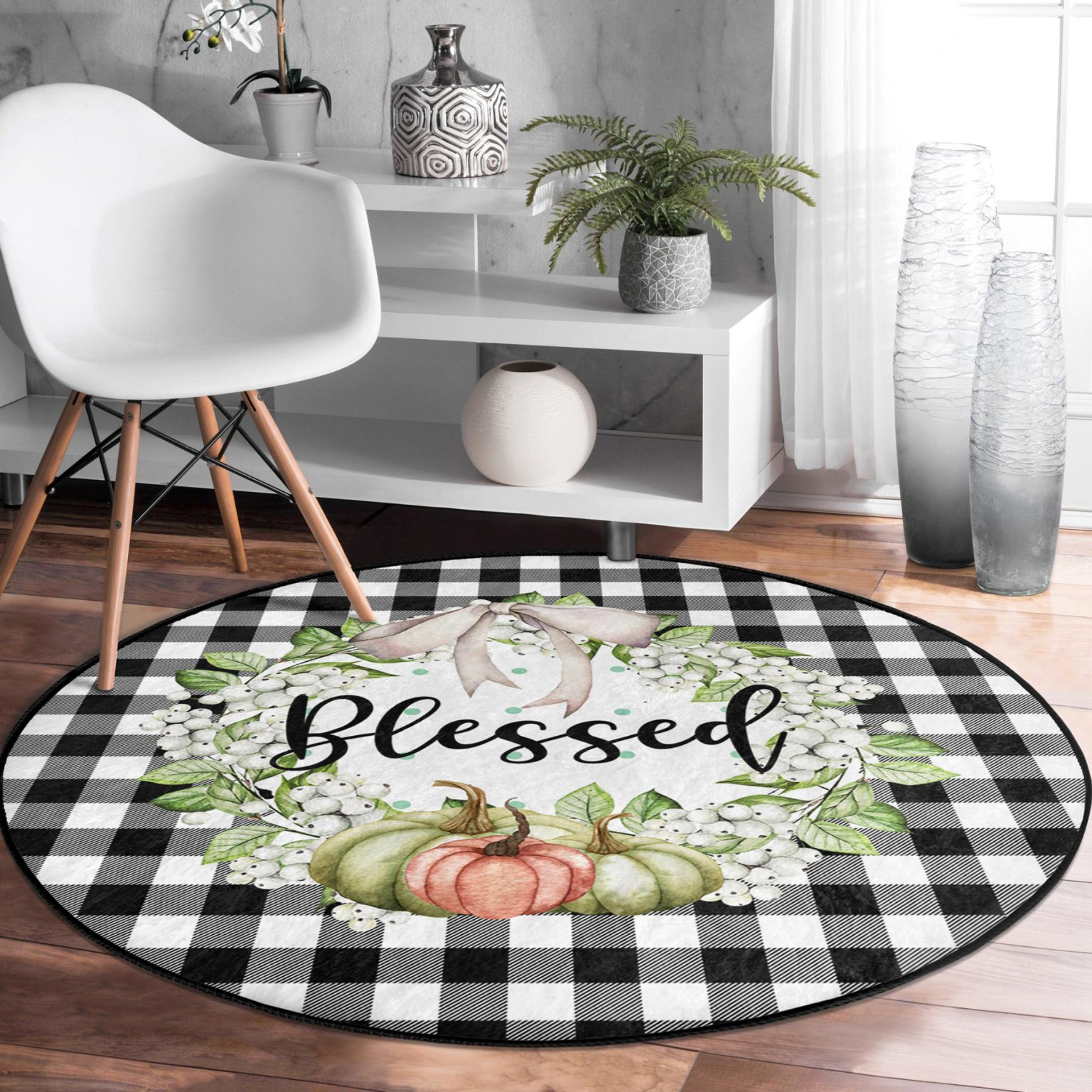 A cozy Fall Season Washable Round Rug featuring vibrant autumn colors, perfect for indoor or outdoor use.