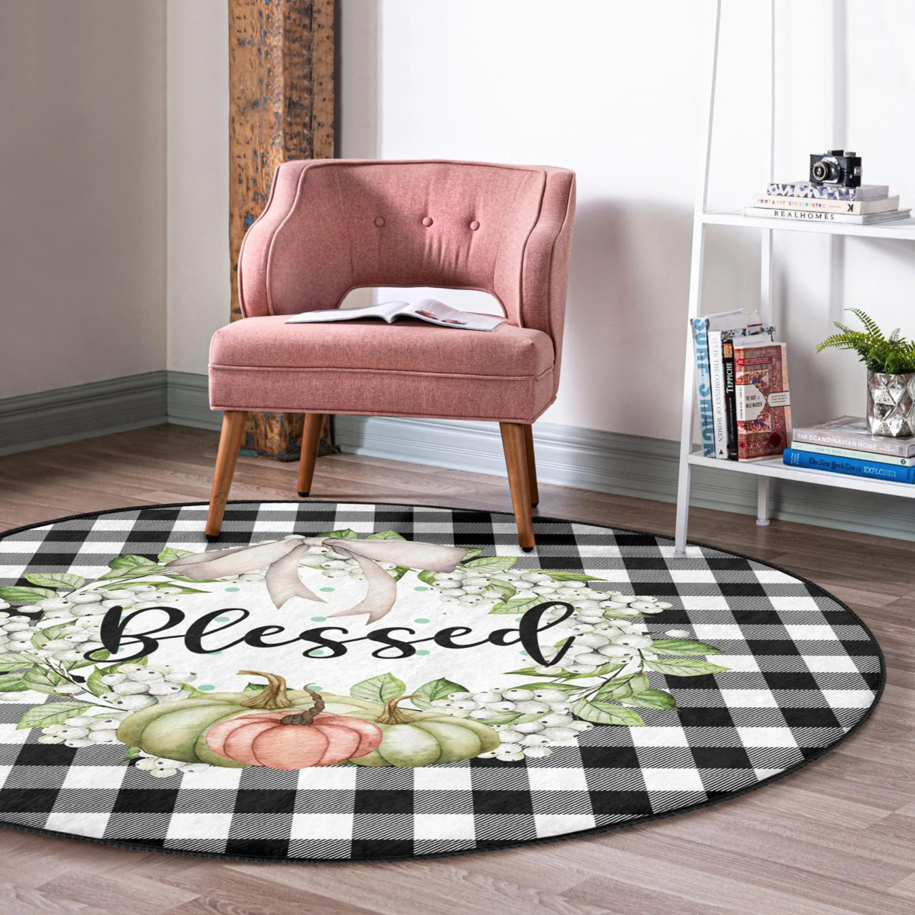 A cozy Fall Season Washable Round Rug featuring vibrant autumn colors, perfect for indoor or outdoor use.