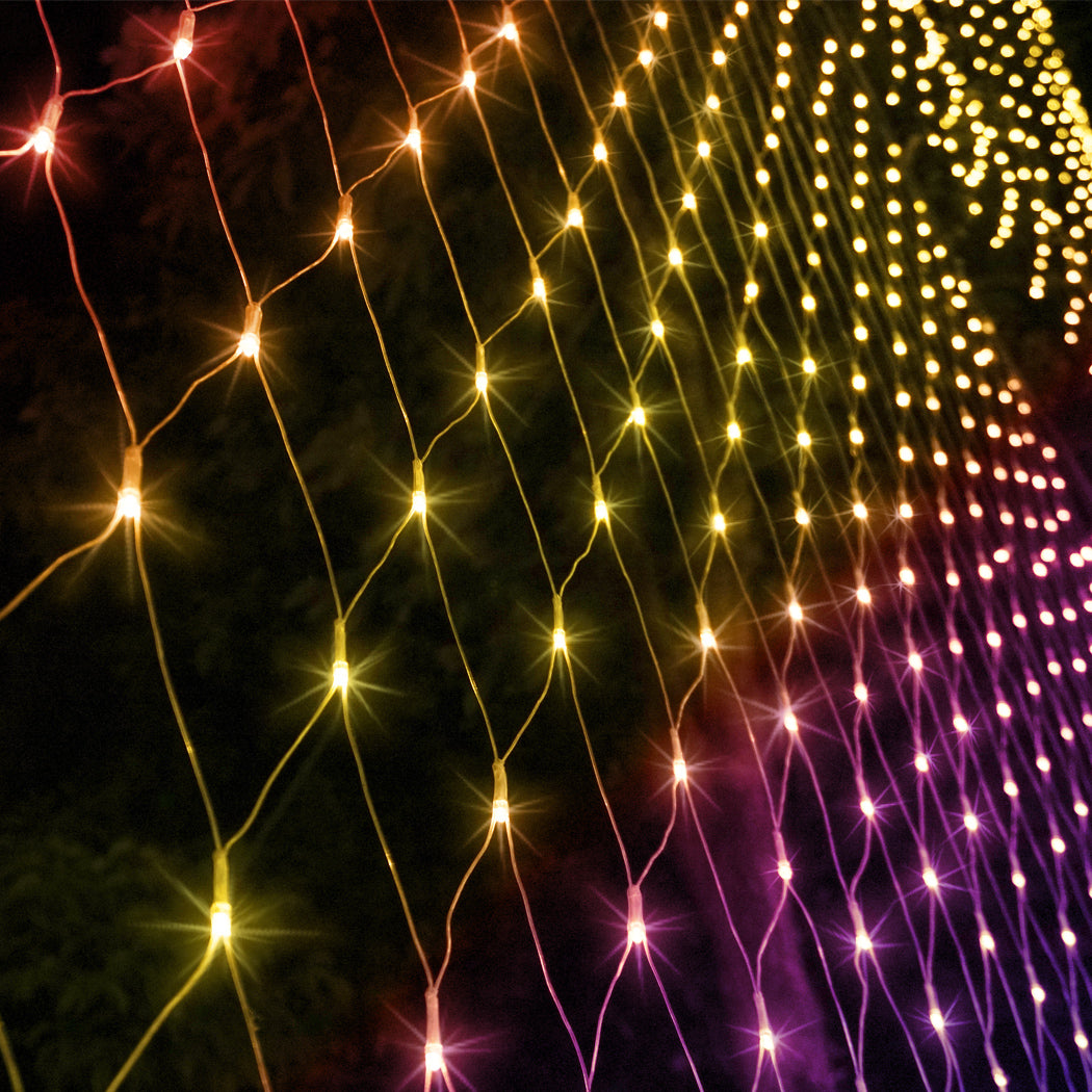 EMITTO 880LED Christmas Net Lights in vibrant multi-colours, perfect for festive decorations indoors and outdoors.