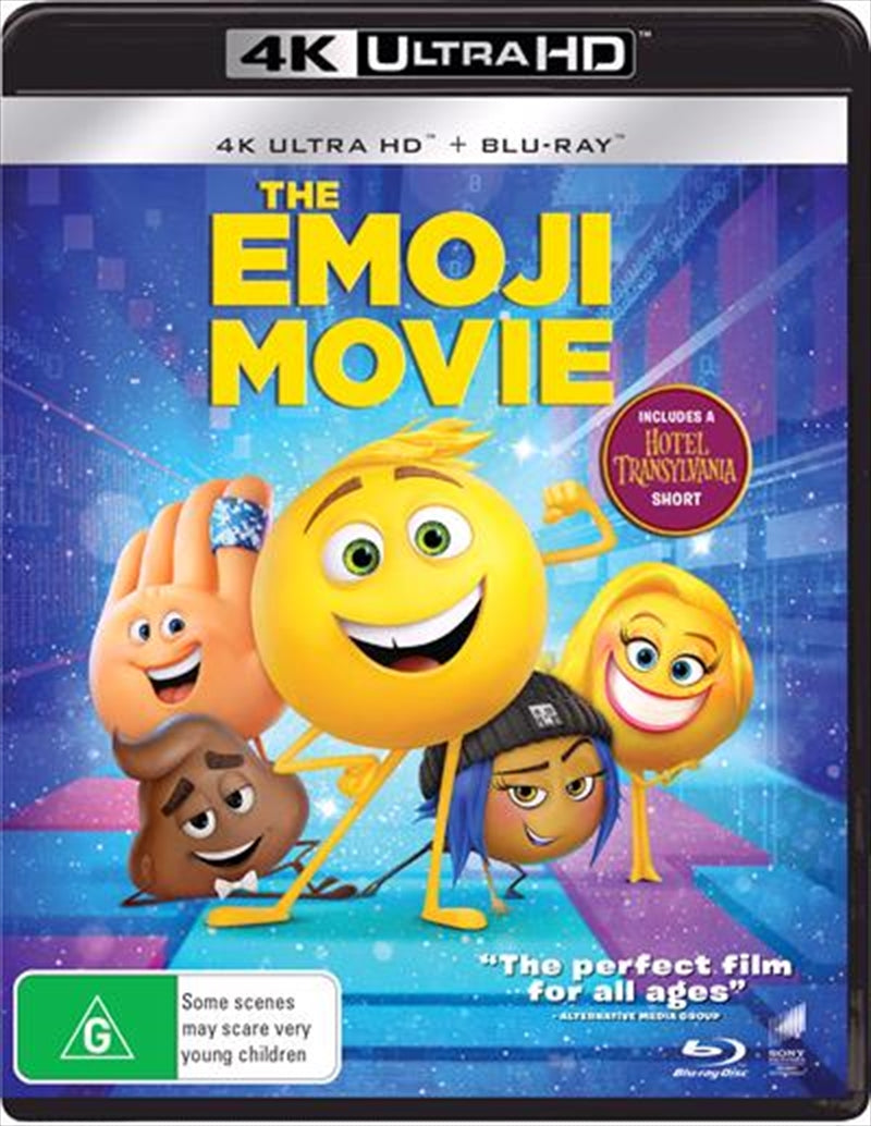 The Emoji Movie Blu-ray + UHD cover featuring vibrant emojis and characters from the film.