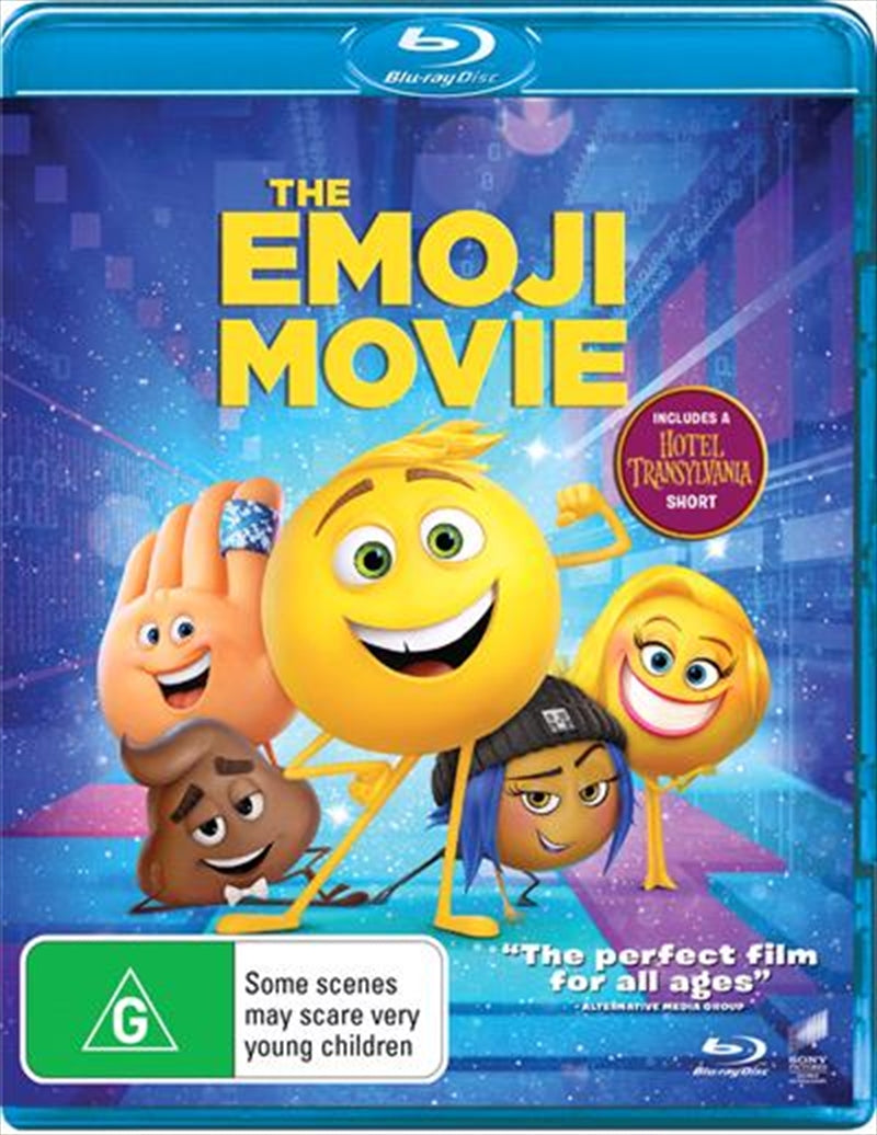 The Emoji Movie Blu-ray cover featuring colorful emojis and characters from the film in a vibrant design.