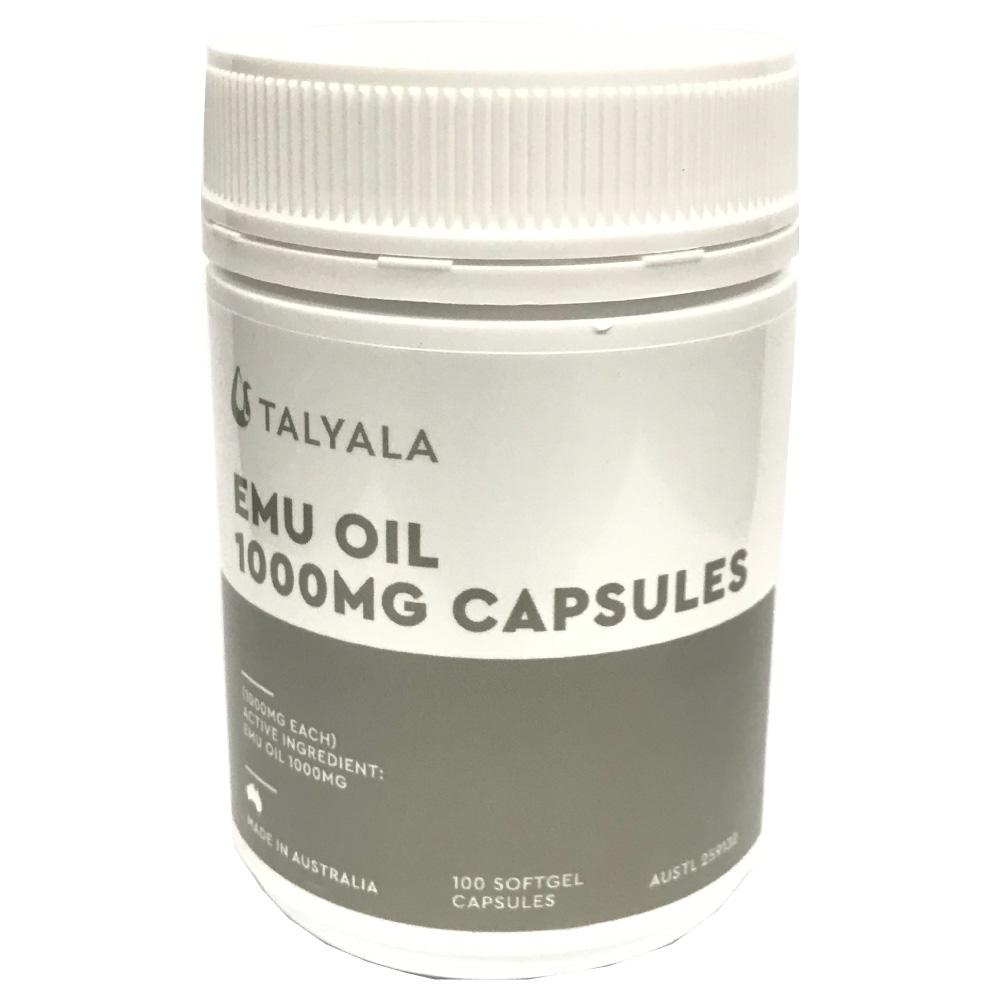 A jar of Emu Oil Capsules containing 100 x 1000mg capsules, showcasing the product's packaging and label details.