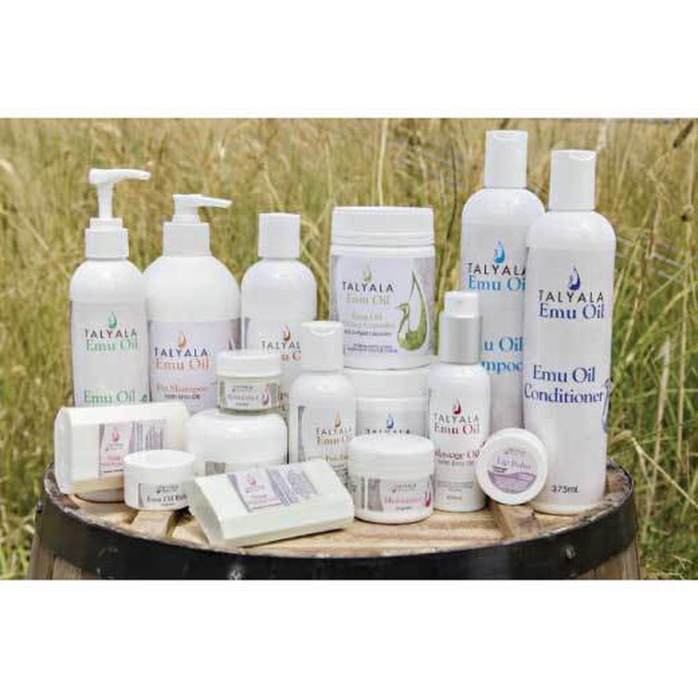 A variety of Emu Oil products including capsules, creams, soaps, and moisturisers displayed together, showcasing their natural ingredients and packaging.