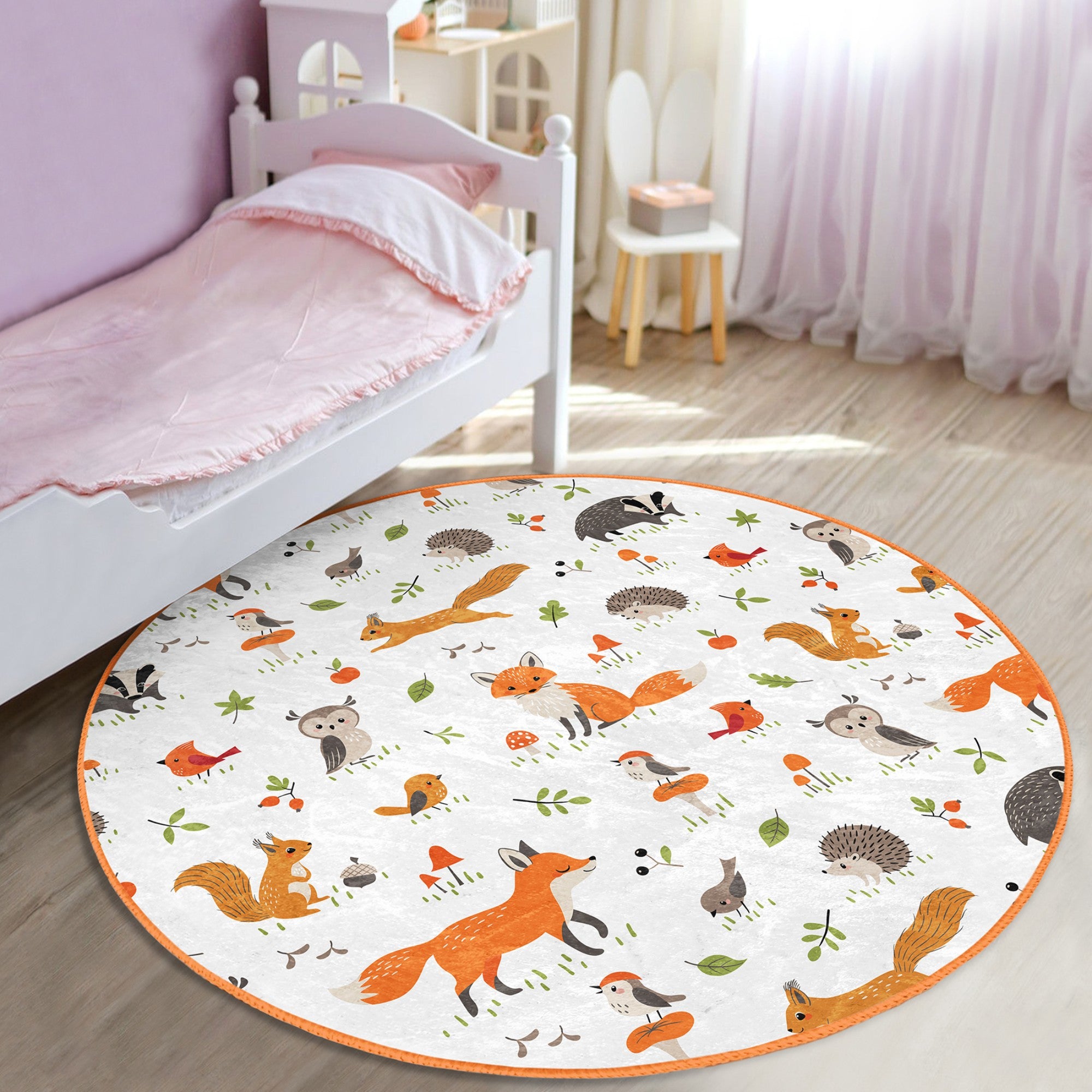 Enchanted Forest Fox Kids' Washable Rug featuring vibrant forest design with friendly foxes, perfect for children's rooms.