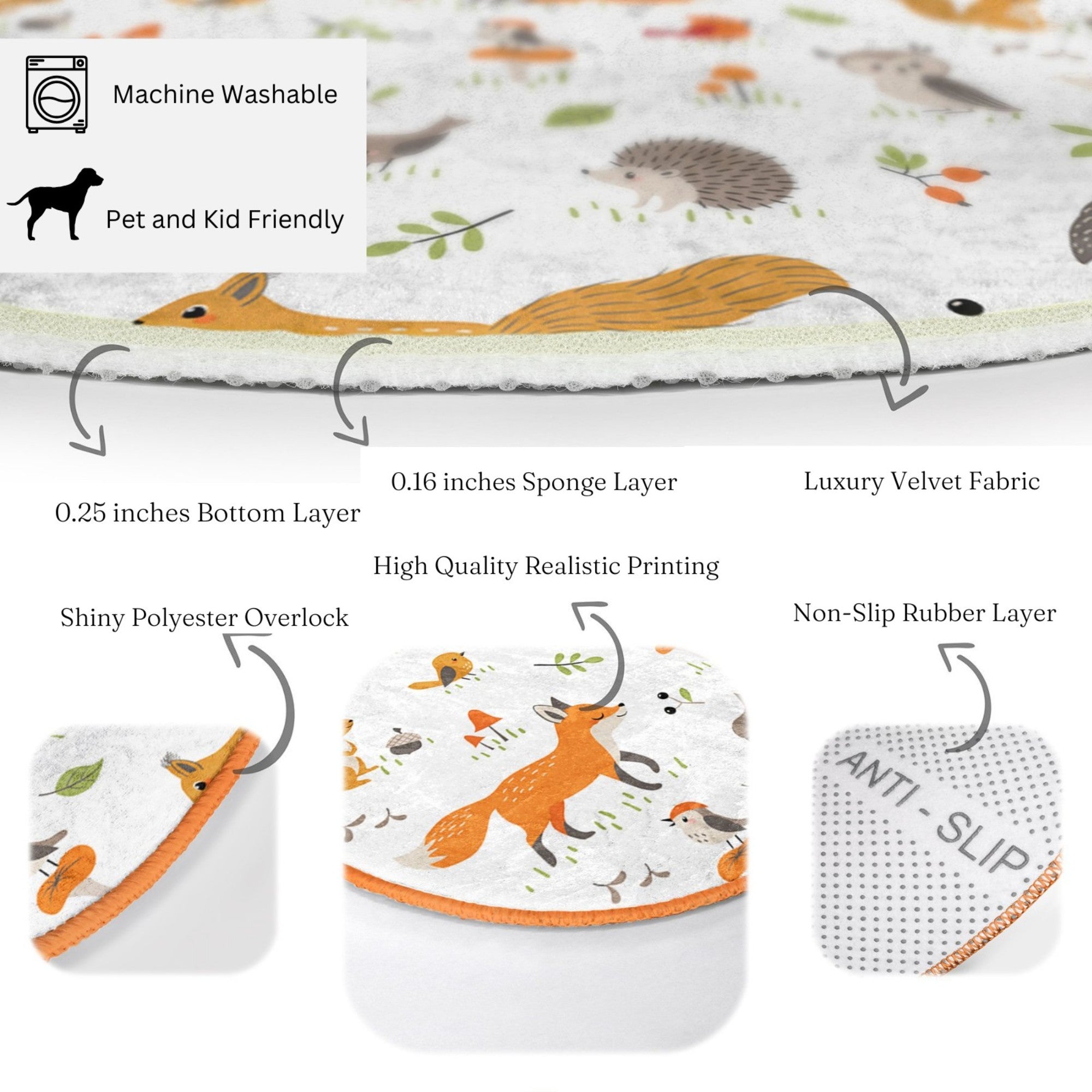 Enchanted Forest Fox Kids' Washable Rug featuring vibrant forest design with friendly foxes, perfect for children's rooms.