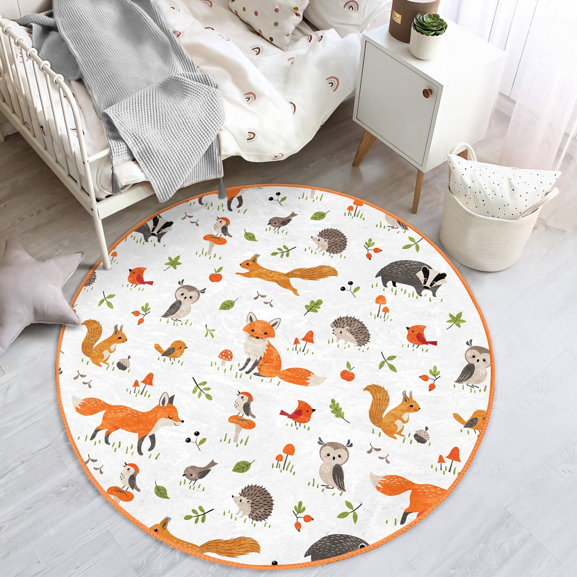 Enchanted Forest Fox Kids' Washable Rug featuring vibrant forest design with friendly foxes, perfect for children's rooms.