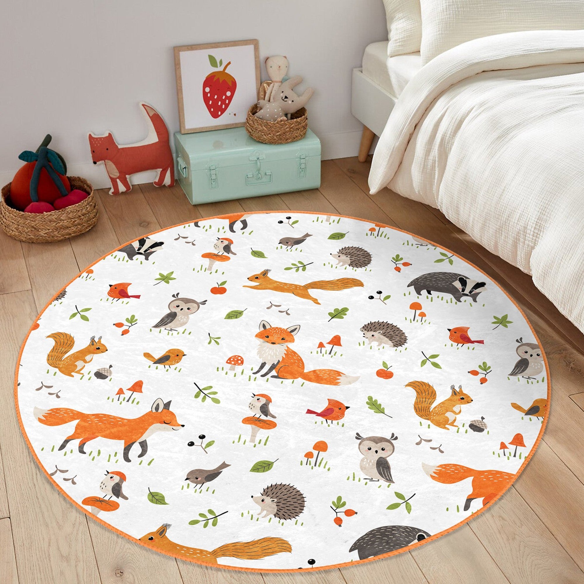 Enchanted Forest Fox Kids' Washable Rug featuring vibrant forest design with friendly foxes, perfect for children's rooms.