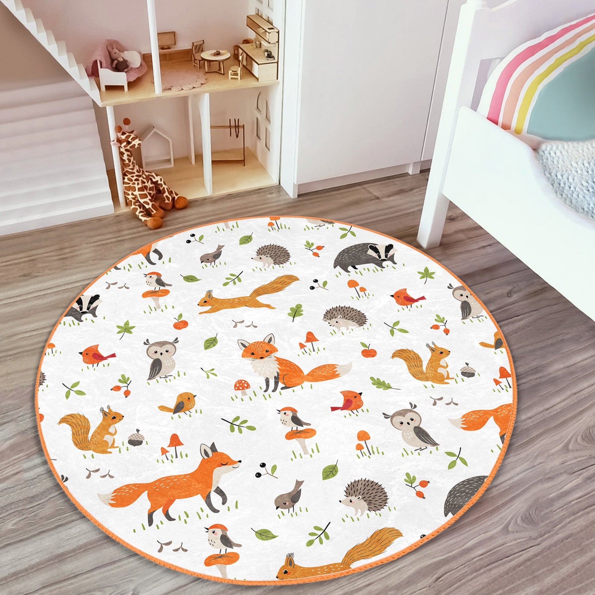 Enchanted Forest Fox Kids' Washable Rug featuring vibrant forest design with friendly foxes, perfect for children's rooms.