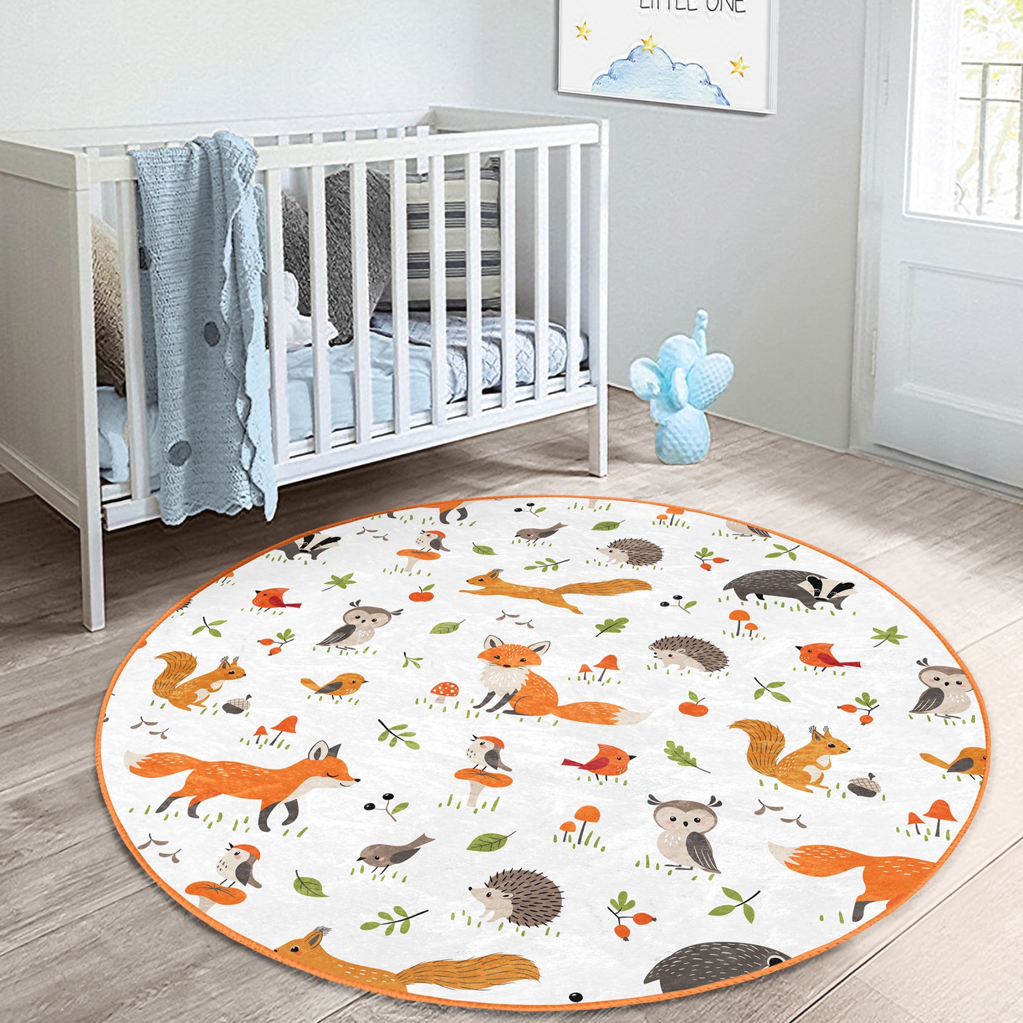 Enchanted Forest Fox Kids' Washable Rug featuring vibrant forest design with friendly foxes, perfect for children's rooms.