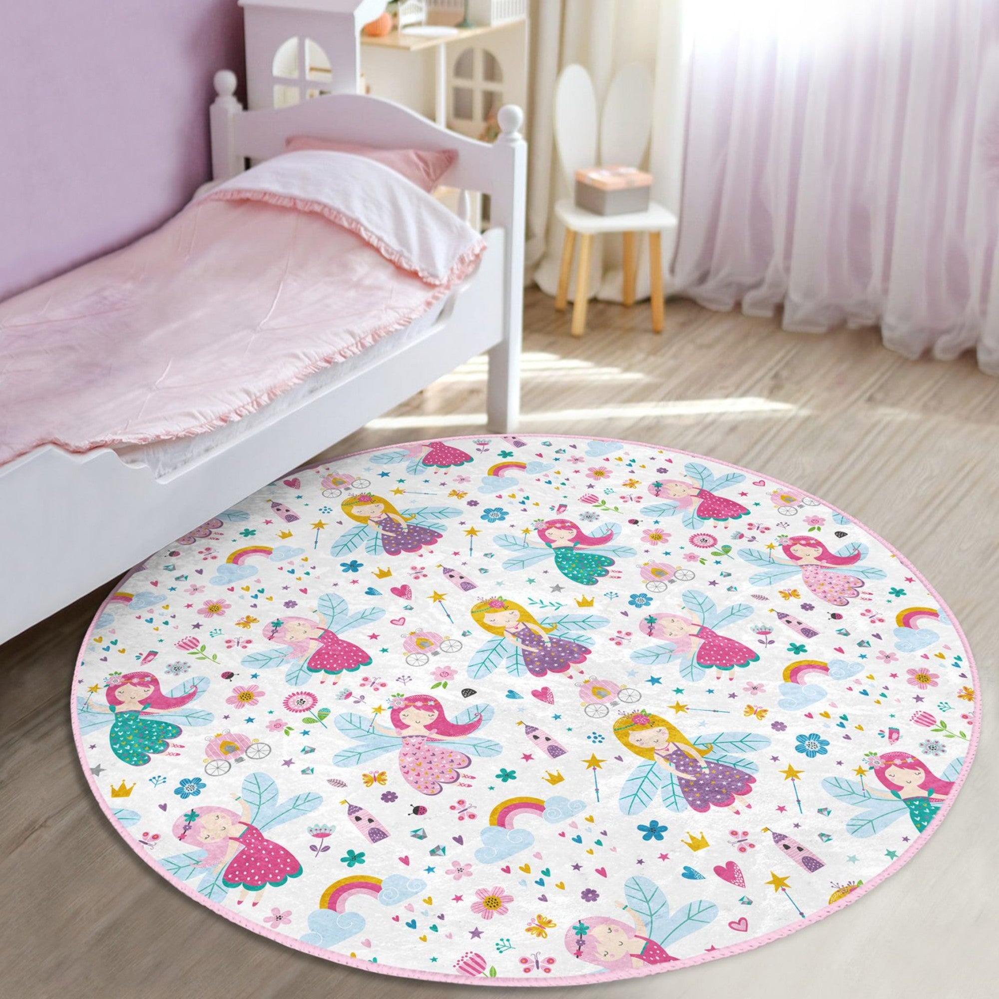 Enchanting Fairies Girls' Room Rug featuring vibrant colors and a whimsical fairy design, perfect for children's rooms.