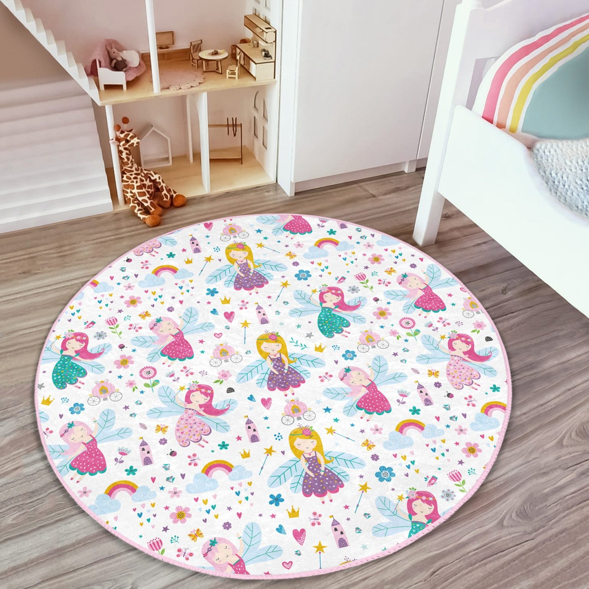 Enchanting Fairies Girls' Room Rug featuring vibrant colors and a whimsical fairy design, perfect for children's rooms.