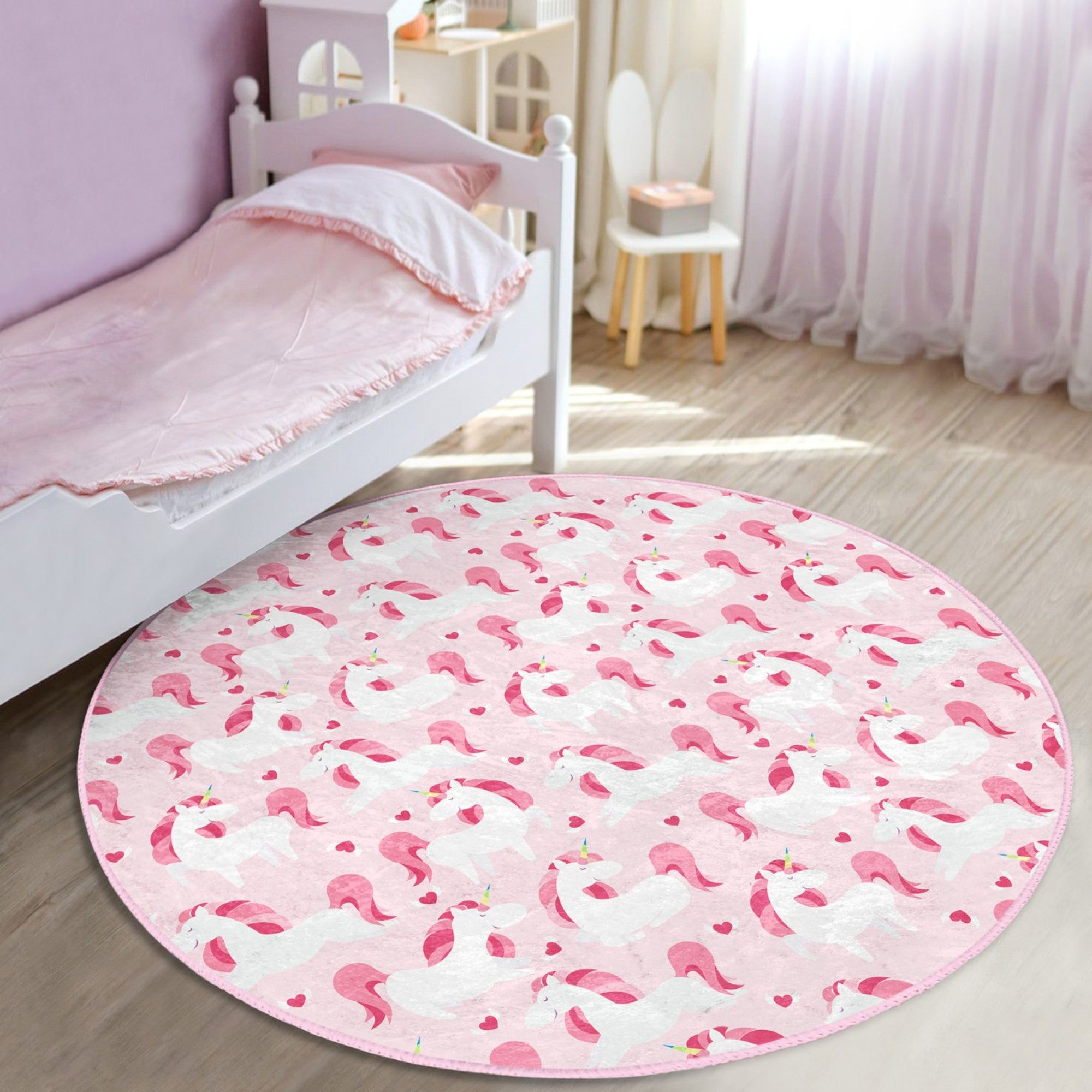 Enchanting Pink Unicorn Girls' Rug featuring a vibrant unicorn design on soft velvet fabric, perfect for children's rooms.