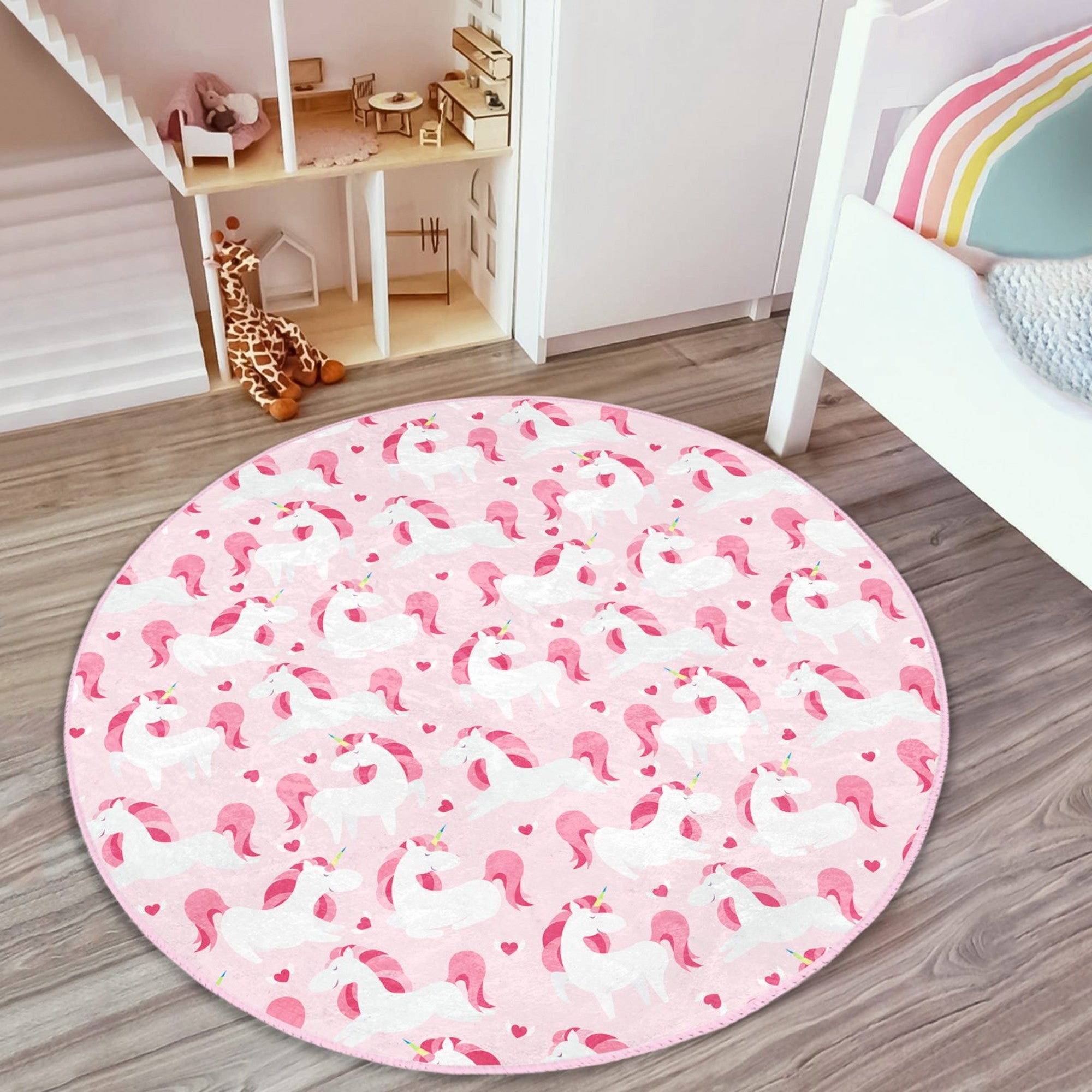 Enchanting Pink Unicorn Girls' Rug featuring a vibrant unicorn design on soft velvet fabric, perfect for children's rooms.