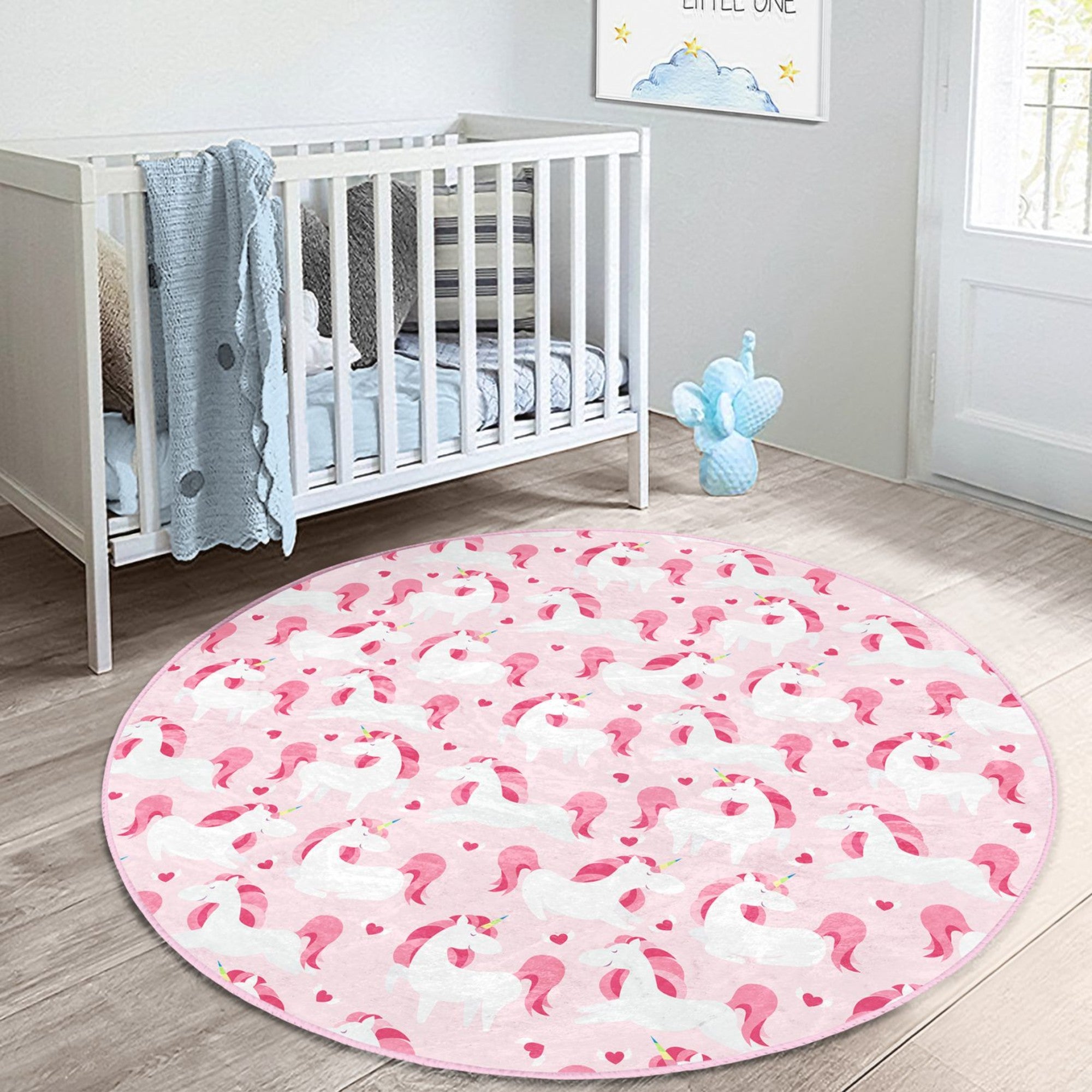 Enchanting Pink Unicorn Girls' Rug featuring a vibrant unicorn design on soft velvet fabric, perfect for children's rooms.