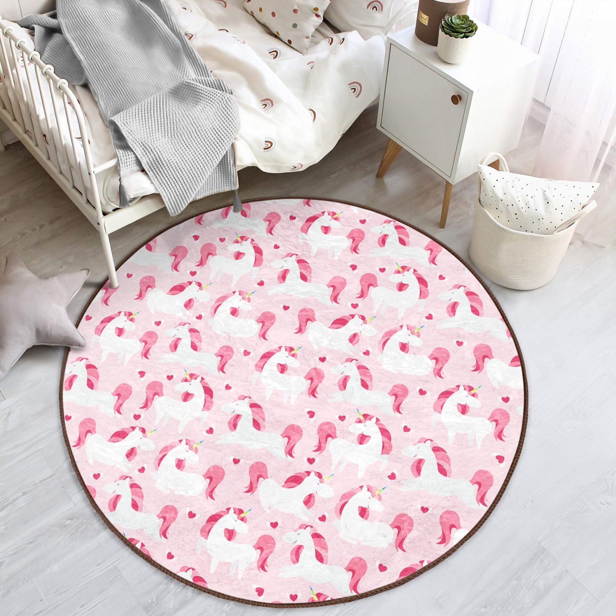 Enchanting Pink Unicorn Girls' Rug featuring a vibrant unicorn design on soft velvet fabric, perfect for children's rooms.