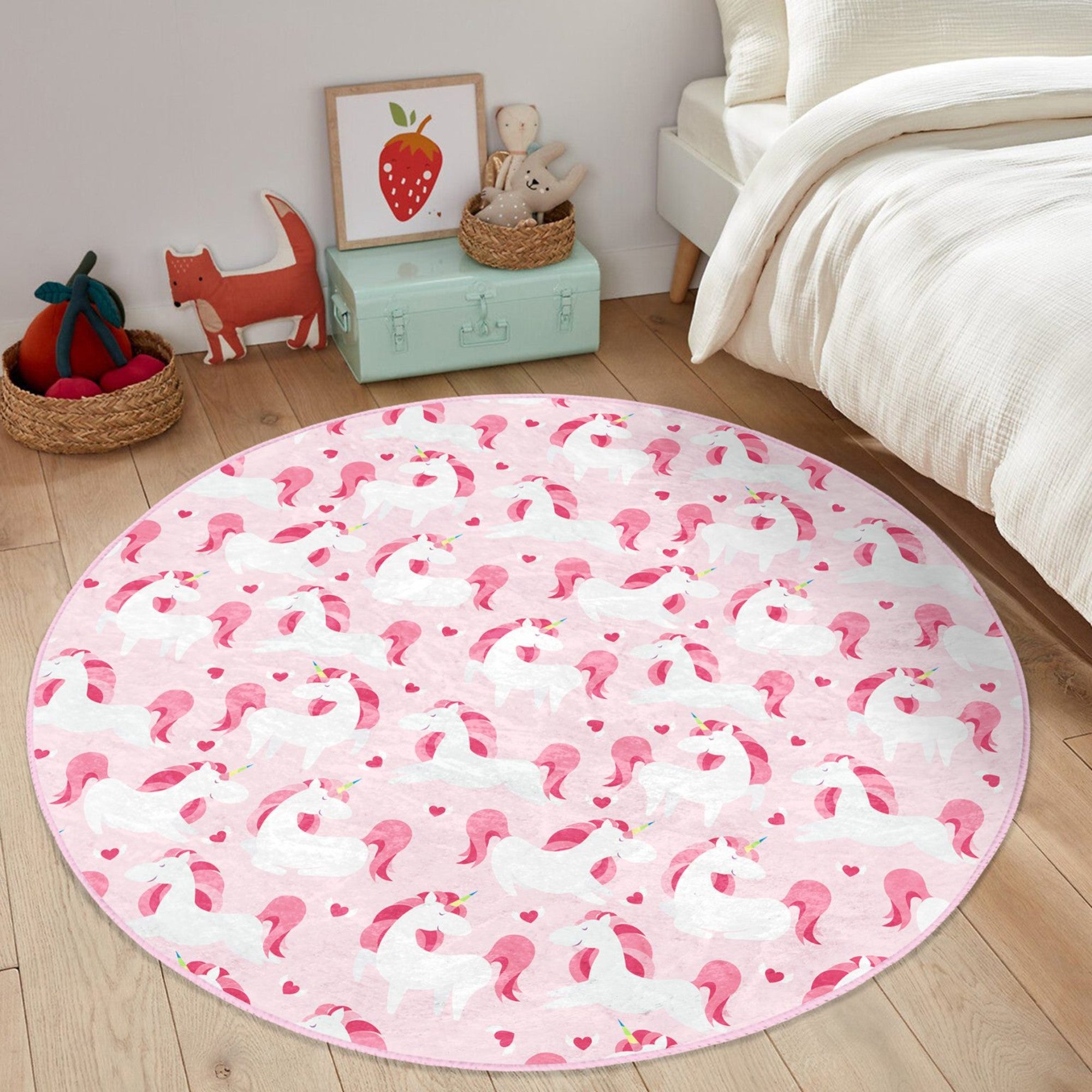 Enchanting Pink Unicorn Girls' Rug featuring a vibrant unicorn design on soft velvet fabric, perfect for children's rooms.