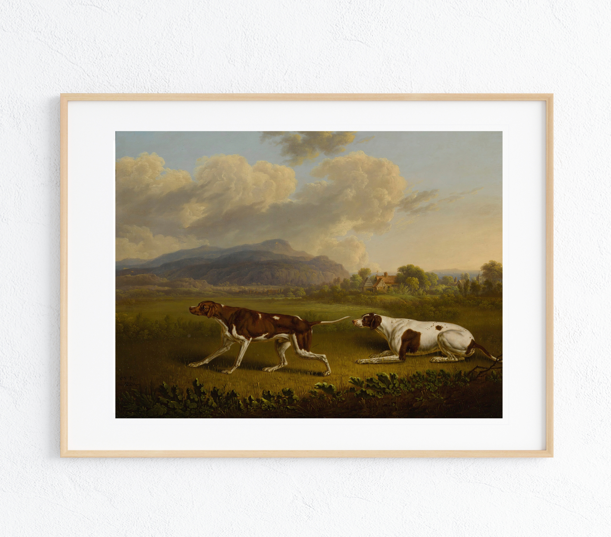 A vibrant English Pointers Art Print on textured canvas showcasing a breathtaking landscape with rich colors.