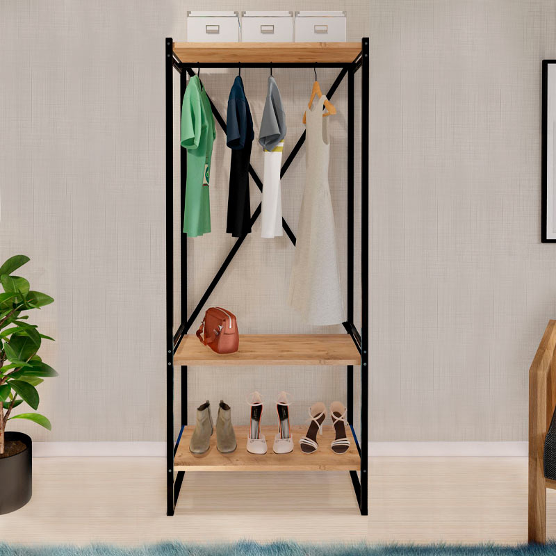 CLARA Black Entryway Furniture with pine oak accents, featuring a sleek design and durable construction, ideal for organizing coats and bags.