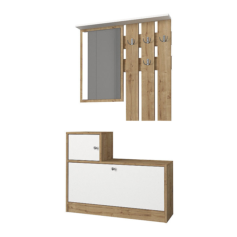 GERALD Oak Entryway Furniture in sapphire oak and white, featuring a shoe box, mirror, and metal hooks for hanging clothes.