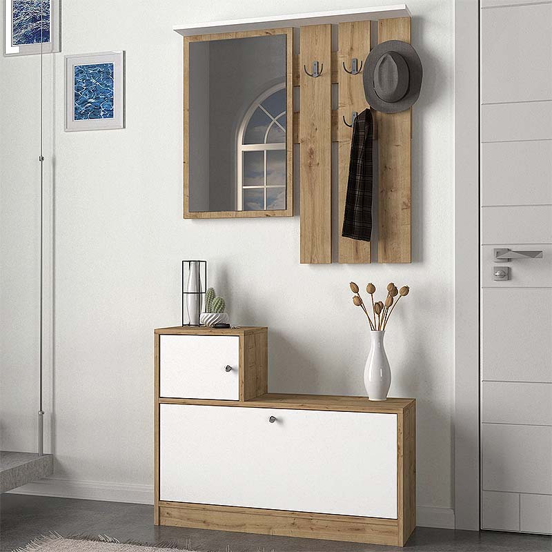 GERALD Oak Entryway Furniture in sapphire oak and white, featuring a shoe box, mirror, and metal hooks for hanging clothes.