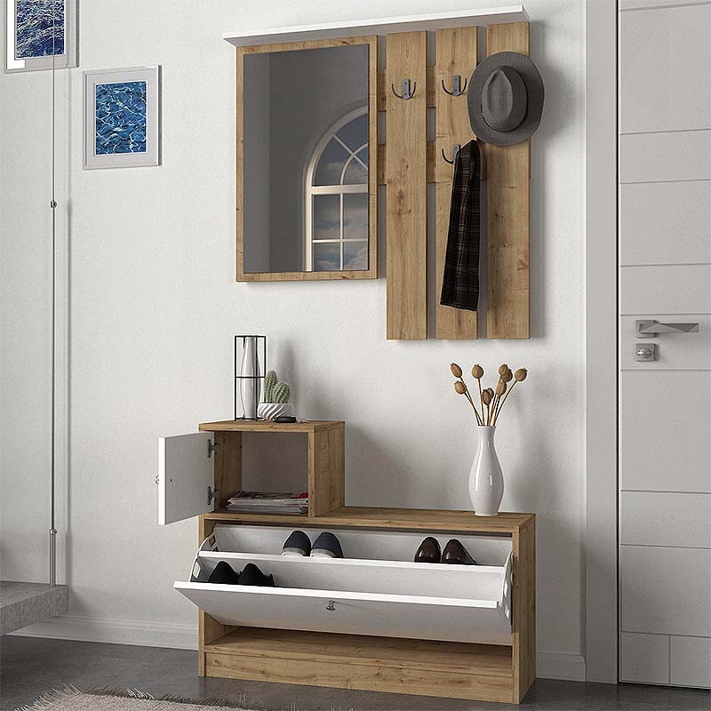 GERALD Oak Entryway Furniture in sapphire oak and white, featuring a shoe box, mirror, and metal hooks for hanging clothes.